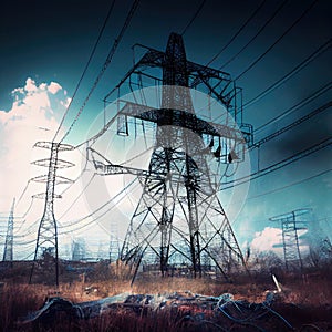 high voltage towers and cables with power line breakage