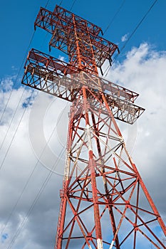 High voltage towers with sky background. Electrical power lines and tower. High voltage post or High voltage tower