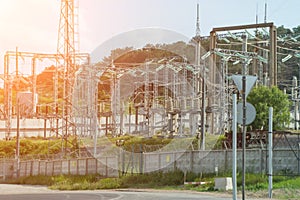 High voltage towers with sky background. Power line support with wires for electricity transmission. High voltage grid