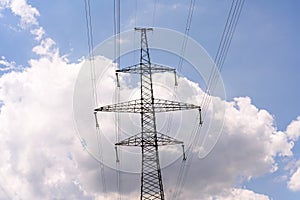 High voltage towers with sky background. Power line support with wires for electricity transmission. High voltage grid