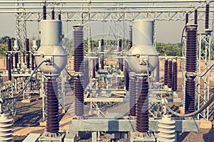 High voltage transformer modern substation electrical switchyard.