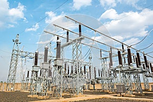 High voltage transformer modern substation electrical switchyard.