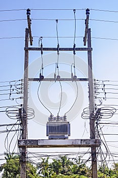 High voltage transformer on the pole