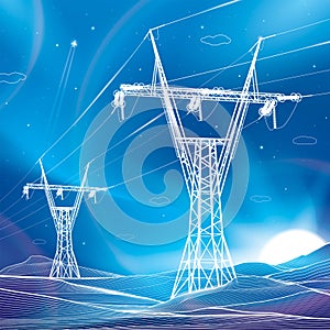 High voltage transmission systems. Electric pole. Neon glow. Night landscape. Power lines. Network of interconnected electrical. W