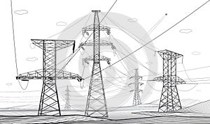 High voltage transmission systems. Electric pole. Power lines. Energy pylons. Black outlines image. A network of interconnected el