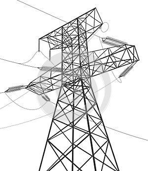 High voltage transmission systems. Electric pole. Power lines. Energy pylons. Black outlines image. A network of interconnected el