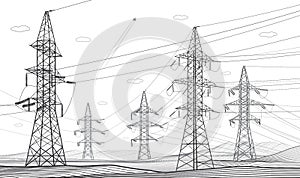 High voltage transmission systems. Electric pole. Power lines. Energy pylons. Black outlines image. A network of interconnected el