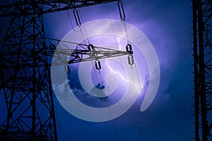 High voltage transmission tower in a lightning storm