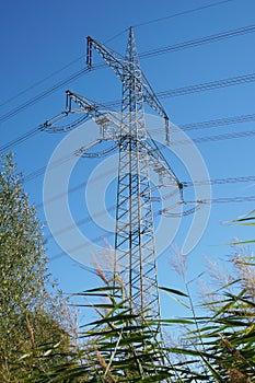 High-voltage transmission tower or pole or electricity pylon