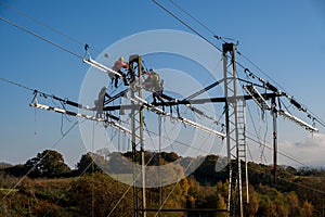 High voltage transmission tower, power line modernization, high-rise work on the power transmission line
