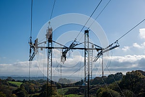 High voltage transmission tower, power line modernization, high-rise work on the power transmission line