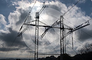 High voltage transmission tower, power line modernization, high-rise work on the power transmission line