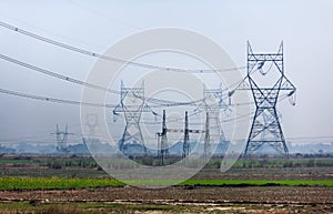 High voltage transmission towers line as gigantic owls