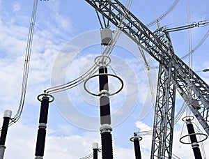 High voltages Electrical Transmission line tower.