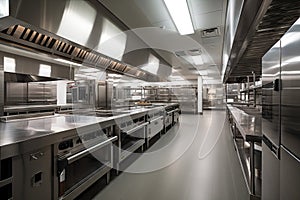 high-volume kitchen with fast-paced and efficient workflow, where cooks prepare hundreds of meals per day