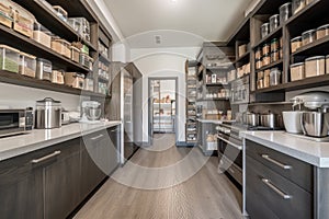 high-volume kitchen with fully stocked pantry, visible inventory, and organization