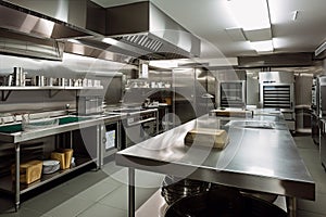 high-volume kitchen with industrial equipment and fast pace, preparing delicious meals for hungry customers