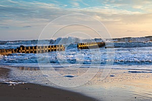 High Waves Hit Steel Groin Outer Banks NC