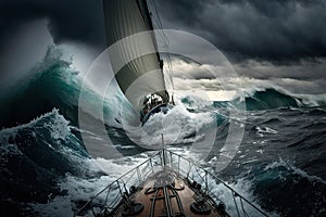 high waves on open sea sailing in a storm