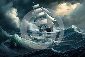 high waves on sea sailing in a storm escape from danger