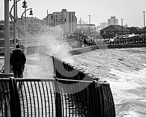 High Waves Splashing over Footpath BW