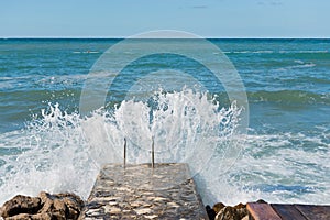 High waves and water splashes in Istria, Croatia