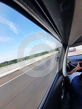 in the cabin of the highway patrol car