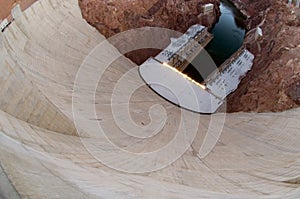 A high, wide angle view of the Hoover Dam cement barrier