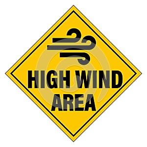 High wind area. Yellow rhombus warning sign with stmbol and text.