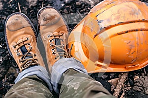 highangle shot of boots and hard hat