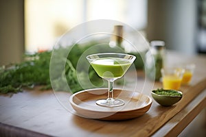 highangle shot of green juice in a martini glass, fancy setup