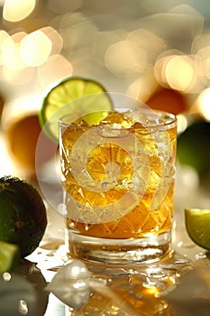 A highball glass of orange fruit cocktail with slice of lime bokeh