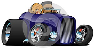 Highboy hot rod deep purple roadster with male driver and cute woman passenger isolated vector illustration