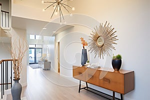 highceiling entryway with a modern chandelier and console table