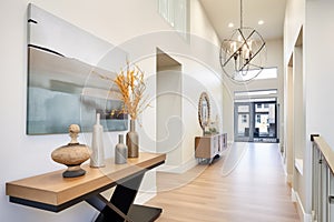 highceiling entryway with a modern chandelier and console table