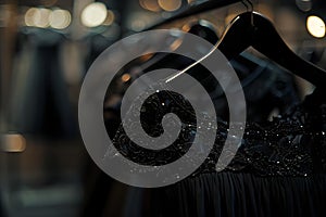 Concept Fashion Highend boutique showcasing luxury womens black dress on elegant hanger photo