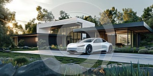 Highend Electric Car Effortlessly Blends With Sleek And Contemporary Architectural Masterpiece