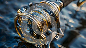 A highend fishing reel with intricate gold detailing and a precisionengineered spool for effortless casting photo