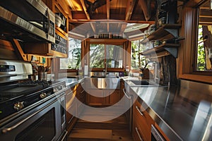 highend kitchen inside a treehouse with stainless steel appliances