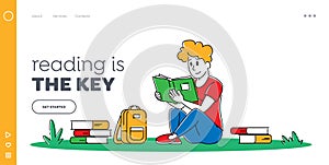 Higher Education and Gaining Knowledge Landing Page Template. Young Man Student Character Sitting with Books