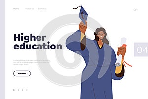Higher education landing page design template with cheerful alumnus female character holding diploma photo