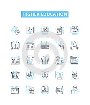 Higher education vector line icons set. Education, Higher, College, University, Academia, Learning, Diploma illustration