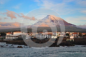 The highest mountain of Portugal, the Azores volcano Montanha do Pico on the island of Pico at sunset
