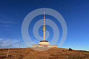 Highest Peak of Moravia, Praded 1492 m. Transmitter and lookout tower on the hill. Jeseniky Mountains Czech Republic