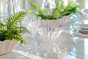 highgloss table with crystal clear vases, sea ferns, and scallopededge plates