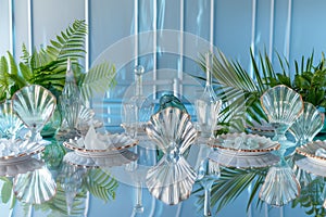 highgloss table with crystal clear vases, sea ferns, and scallopededge plates