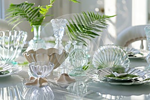 highgloss table with crystal clear vases, sea ferns, and scallopededge plates