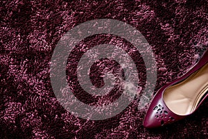 highheeled shoe next to scuff marks on a plush burgundy carpet