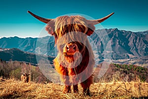 Highland cattle at pasture in mountain Hairy coo sustainable breeding for slaughter