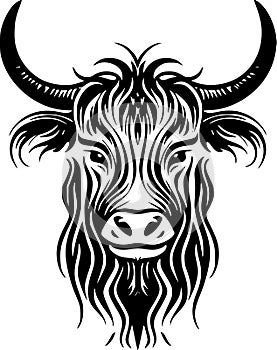 Highland cow - black and white vector illustration